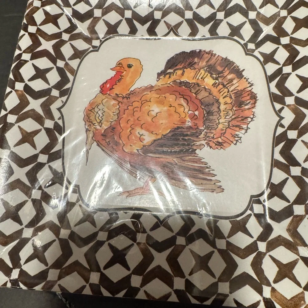 Set for 8 Turkey Patterned Disposable Square Dinner Plates Side Plates